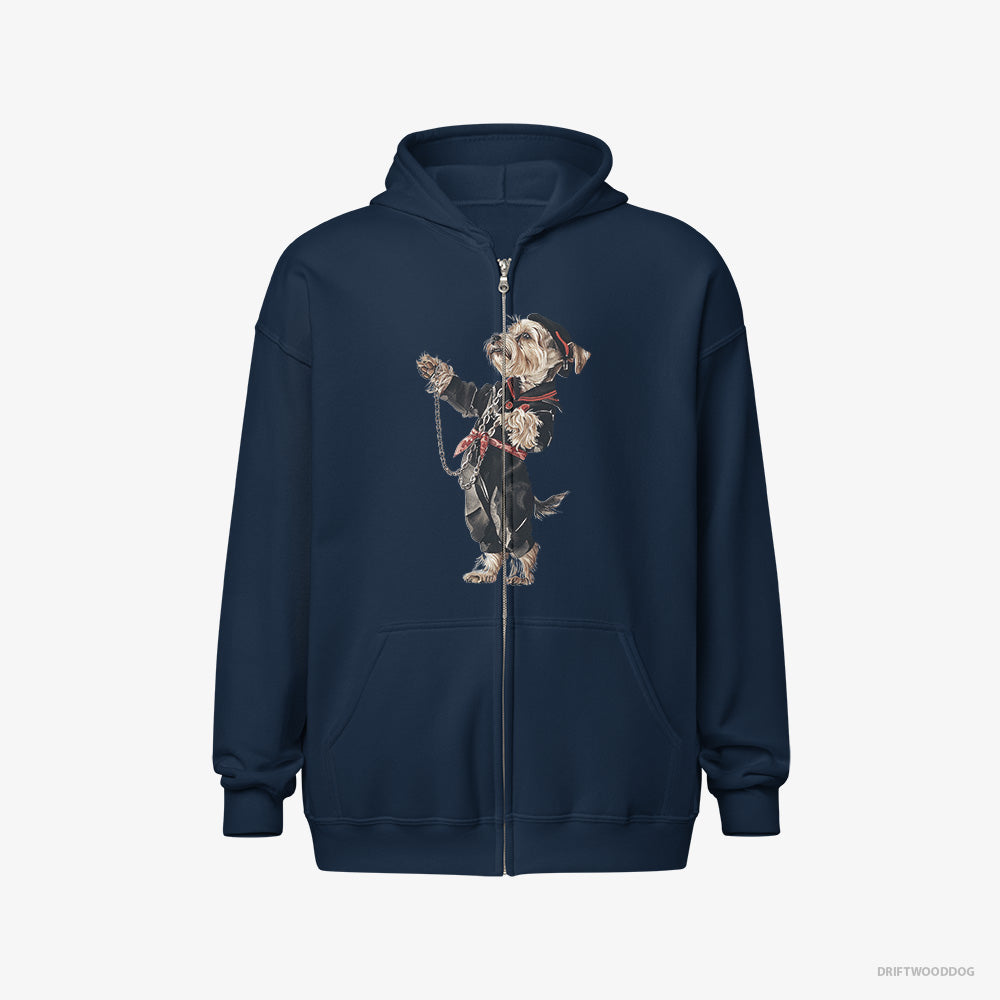 Yorkshire Terrier Hoodie – Women Navy Hoodie Full-Zip – in a Techno Trance (on White Background)