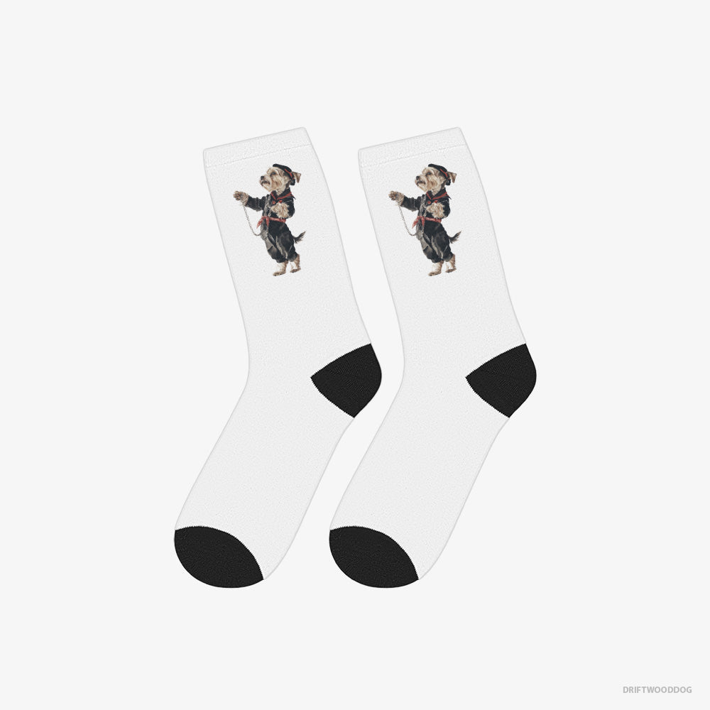 Yorkshire Terrier Socks – Unisex White Socks Classic – in a Techno Trance (on White Background)