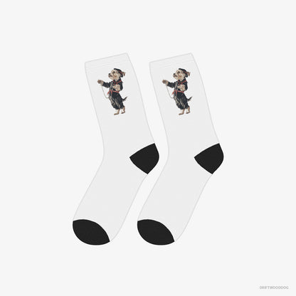 Yorkshire Terrier Socks – Unisex White Socks Classic – in a Techno Trance (on White Background)