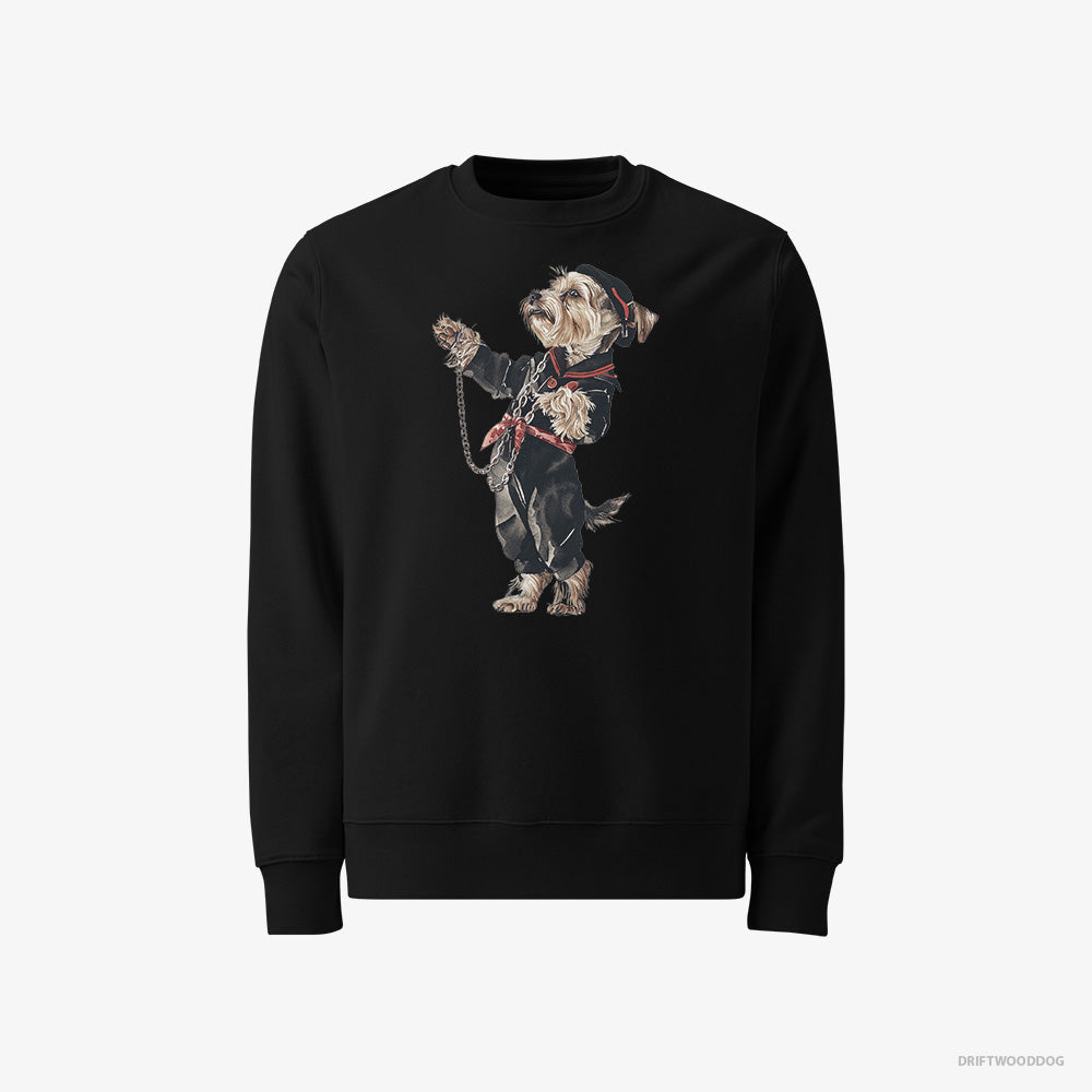 Yorkshire Terrier Sweatshirt – Men Black Sweatshirt Classic – in a Techno Trance (on White Background)