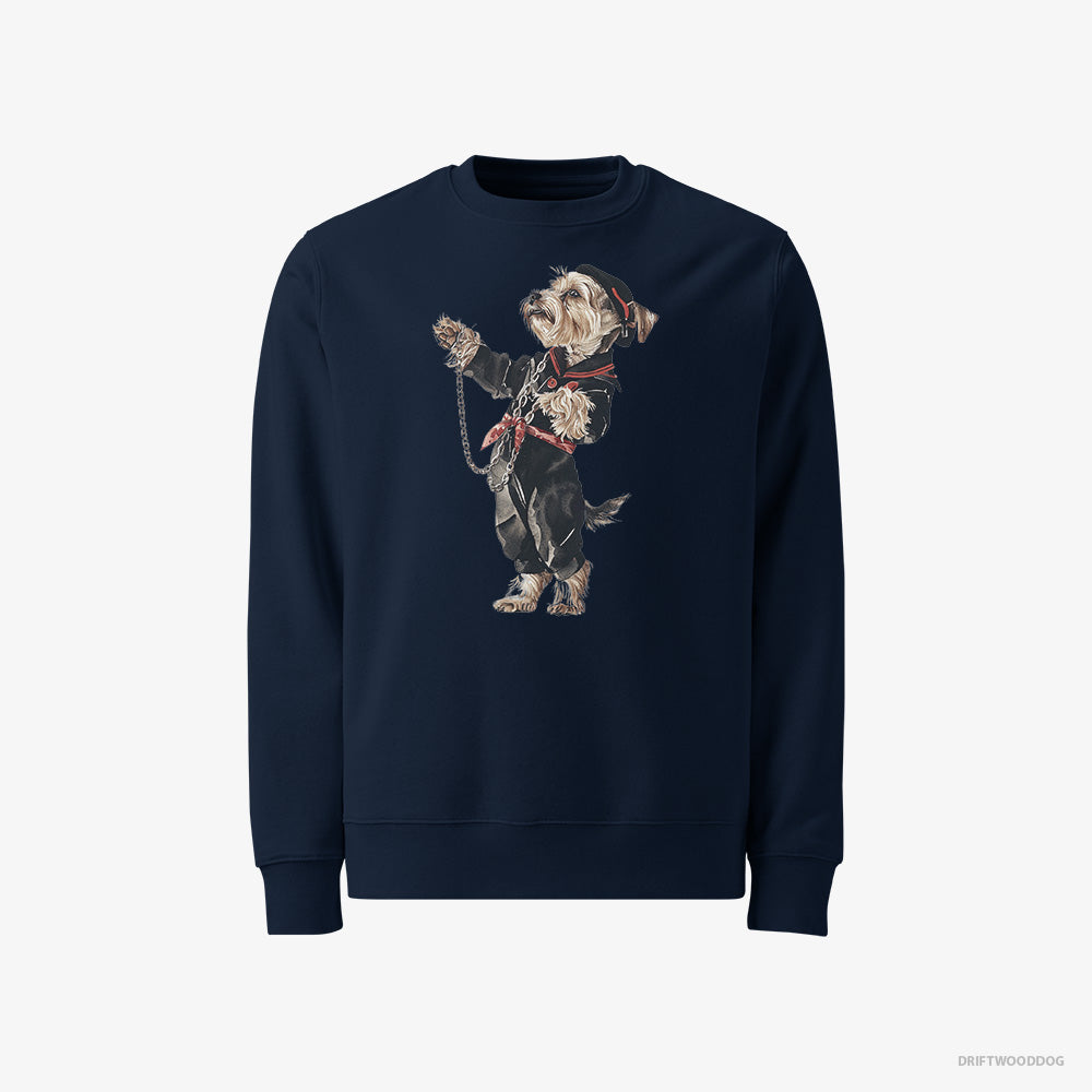 Yorkshire Terrier Sweatshirt – Men Navy Sweatshirt Classic – in a Techno Trance (on White Background)