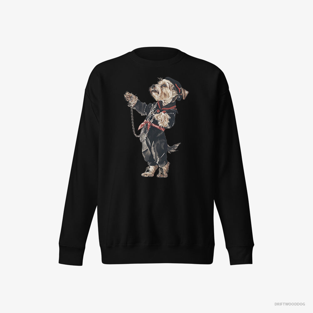 Yorkshire Terrier Sweatshirt – Men Black Sweatshirt Eco-Friendly – in a Techno Trance (on White Background)