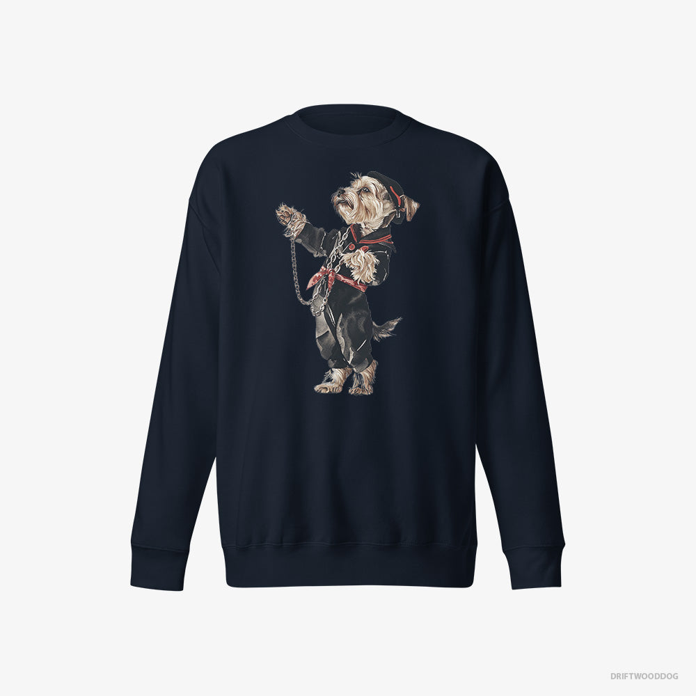 Yorkshire Terrier Sweatshirt – Men Navy Sweatshirt Eco-Friendly – in a Techno Trance (on White Background)