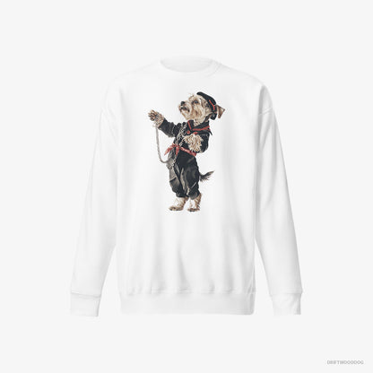 Yorkshire Terrier Sweatshirt – Women White Sweatshirt Eco-Friendly – in a Techno Trance (on White Background)