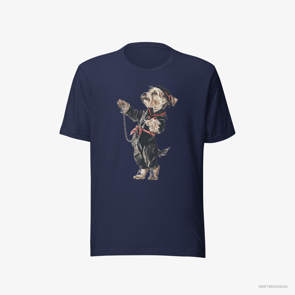 Yorkshire Terrier T-Shirt – Men Navy T-Shirt Eco-Friendly – in a Techno Trance (on White Background)