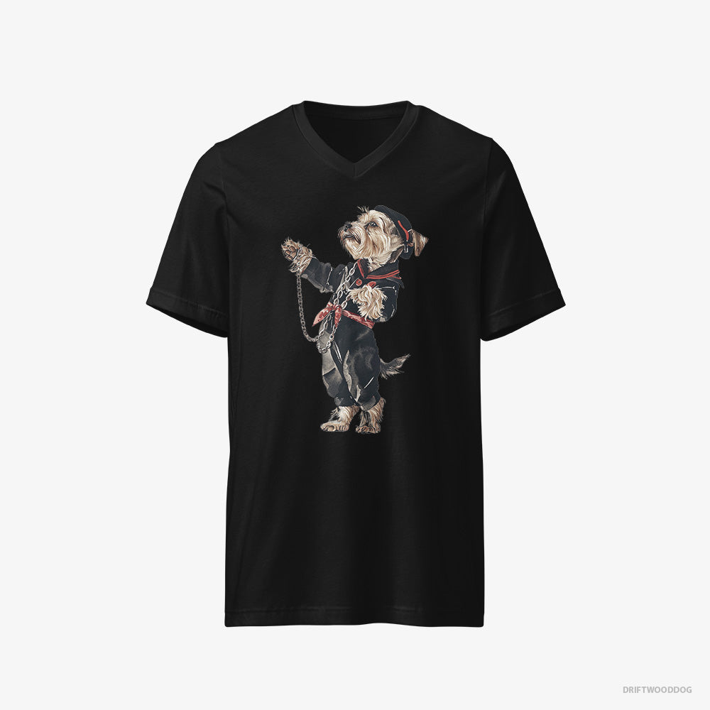 Yorkshire Terrier T-Shirt – Men Black T-Shirt V-Neck – in a Techno Trance (on White Background)