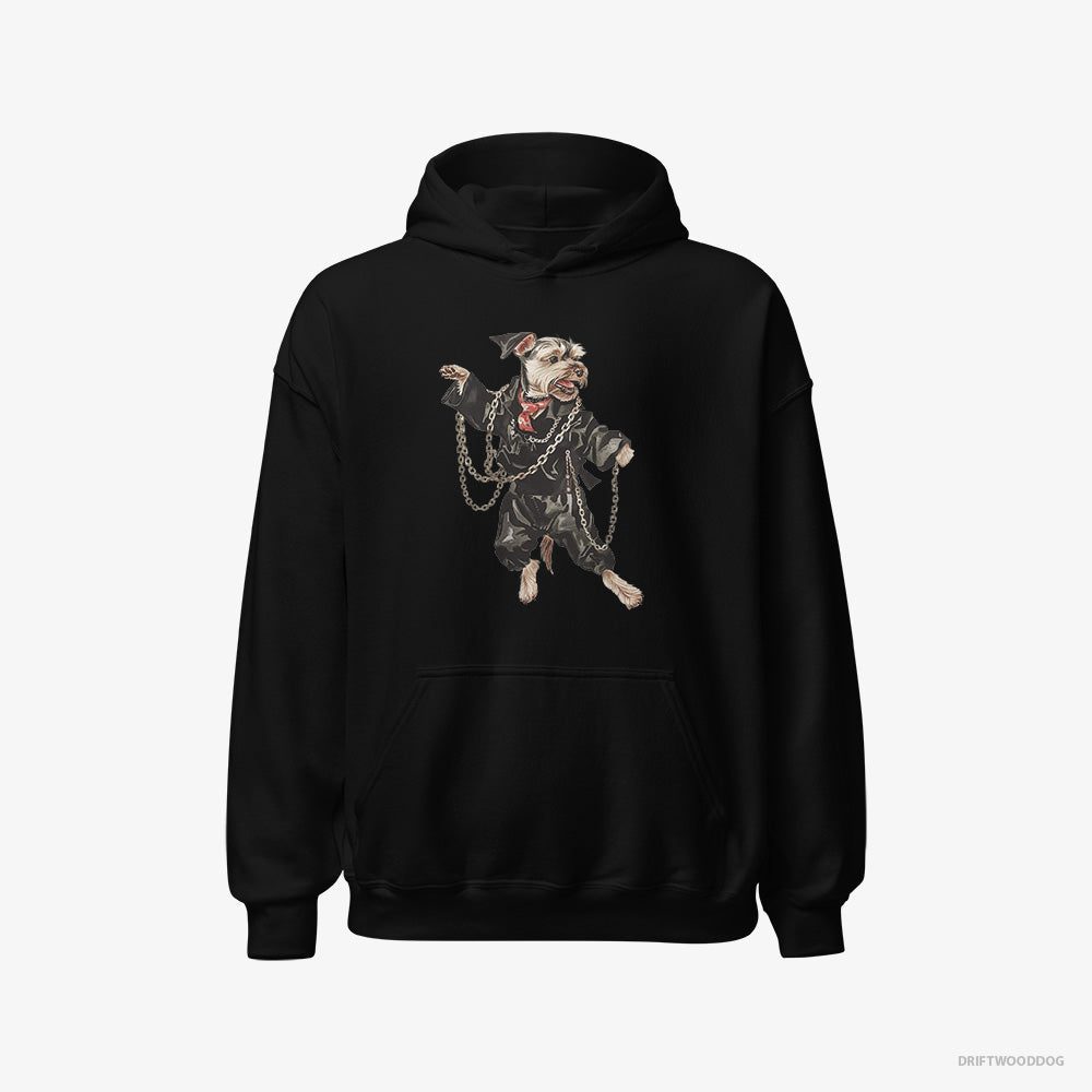 Yorkshire Terrier Hoodie – Men Black Hoodie Classic – in a Techno Frenzy (on White Background)