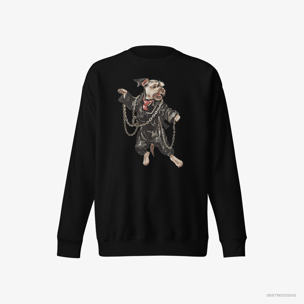 Yorkshire Terrier Sweatshirt – Women Black Sweatshirt Eco-Friendly – in a Techno Frenzy (on White Background)