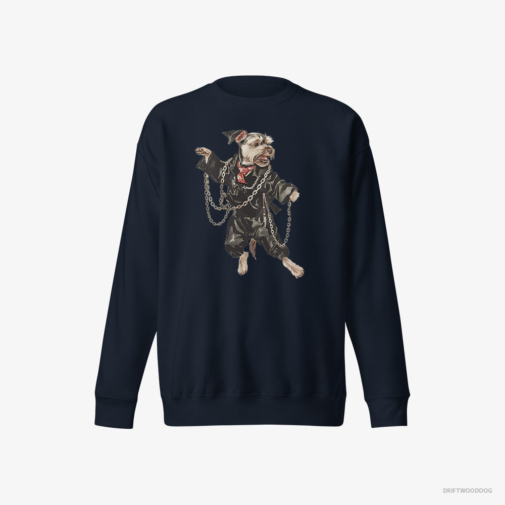 Yorkshire Terrier Sweatshirt – Men Navy Sweatshirt Eco-Friendly – in a Techno Frenzy (on White Background)