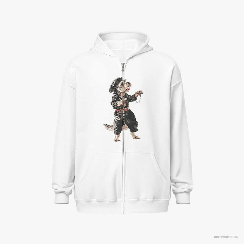 Yorkshire Terrier Hoodie – Men White Hoodie Full-Zip – Raving in Black (on White Background)