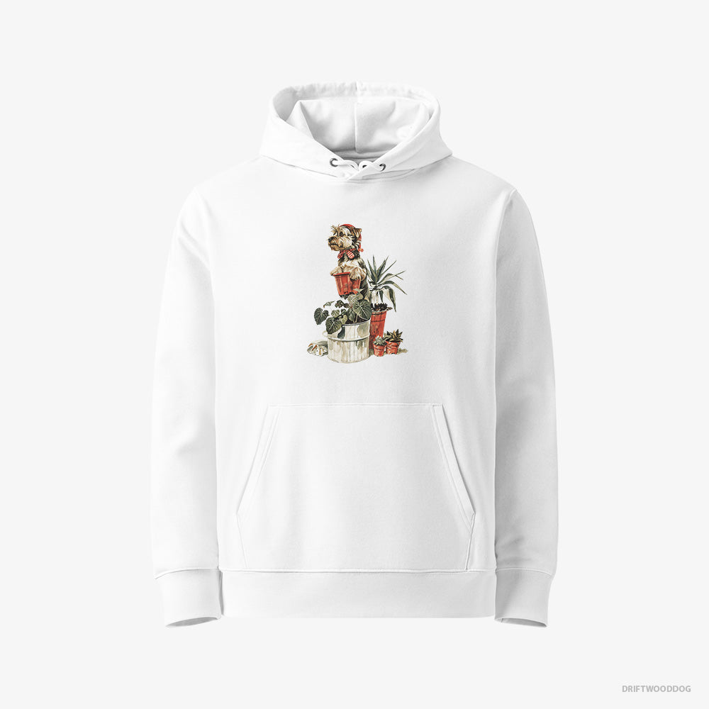 Yorkshire Terrier Hoodie – Men White Hoodie Eco-Friendly – Admiring the Garden (on White Background)