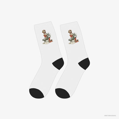 Yorkshire Terrier Socks – Unisex White Socks Classic – Admiring the Garden (on White Background)