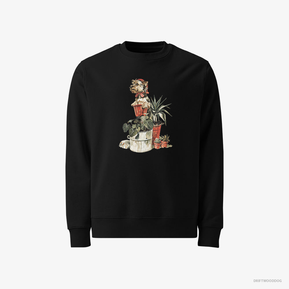 Yorkshire Terrier Sweatshirt – Men Black Sweatshirt Classic – Admiring the Garden (on White Background)