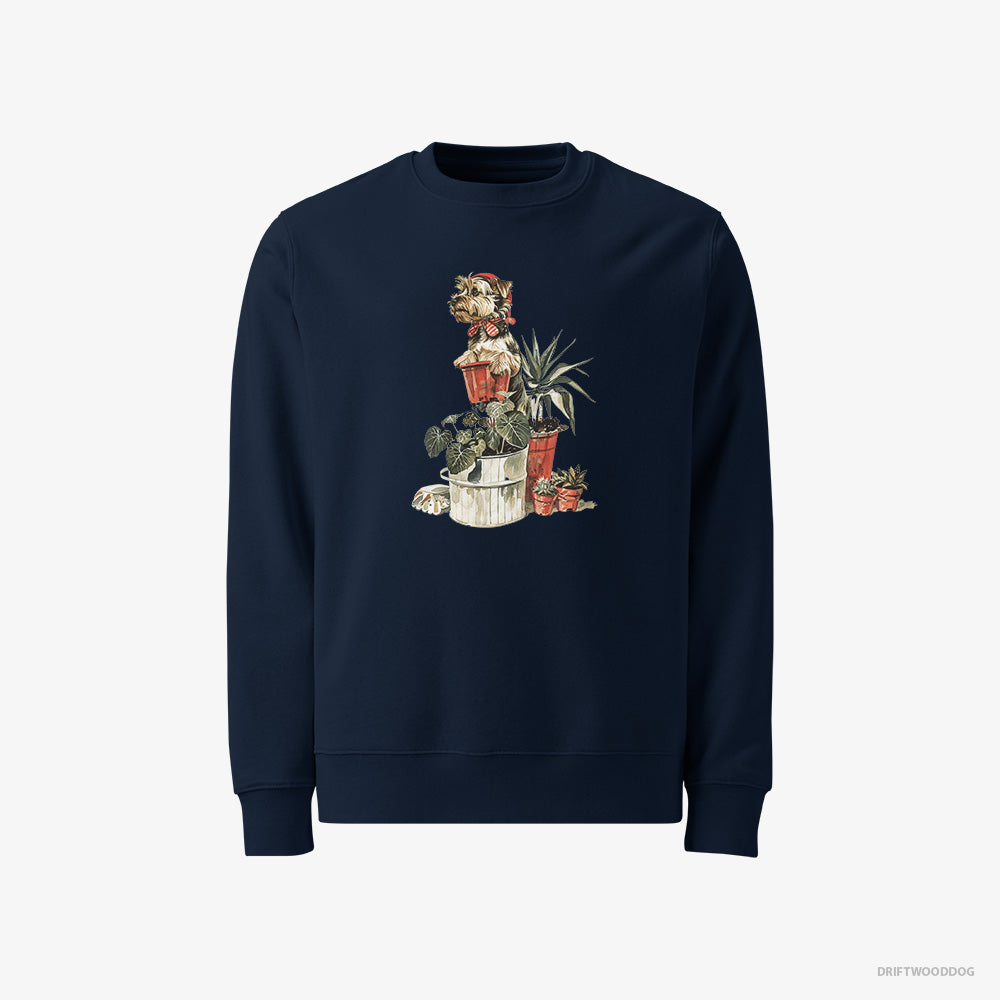 Yorkshire Terrier Sweatshirt – Men Navy Sweatshirt Classic – Admiring the Garden (on White Background)