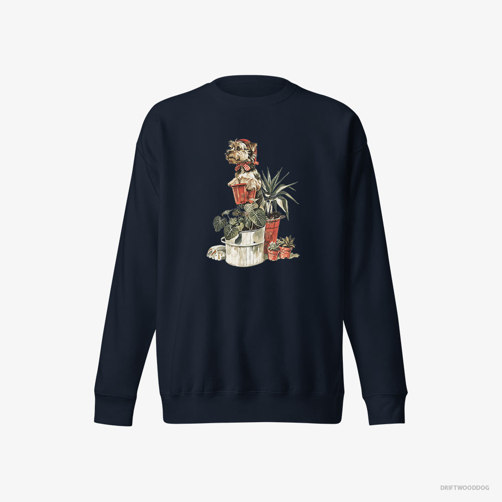 Yorkshire Terrier Sweatshirt – Men Navy Sweatshirt Eco-Friendly – Admiring the Garden (on White Background)