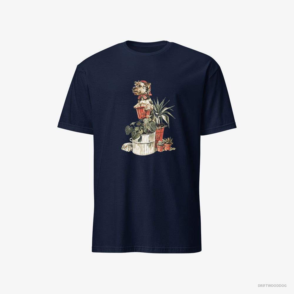 Yorkshire Terrier T-Shirt – Men Navy T-Shirt Classic – Admiring the Garden (on White Background)