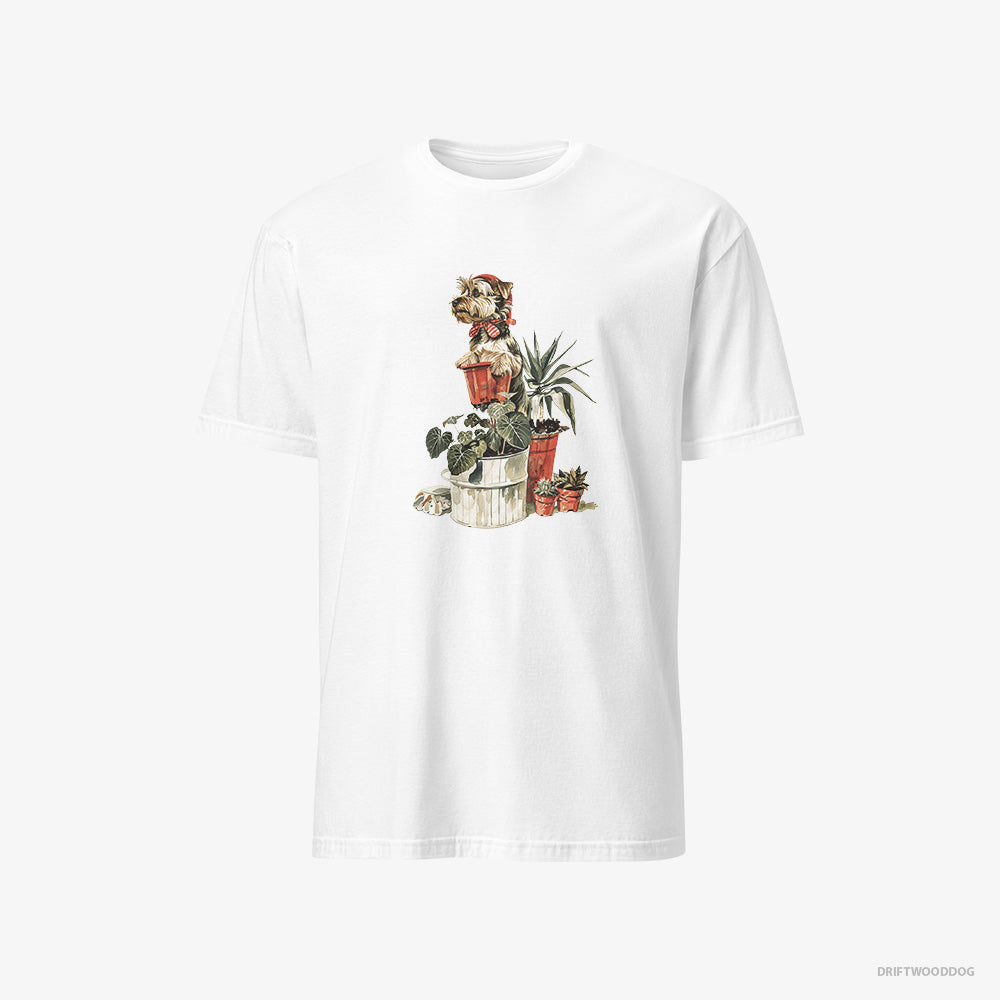 Yorkshire Terrier T-Shirt – Men White T-Shirt Classic – Admiring the Garden (on White Background)