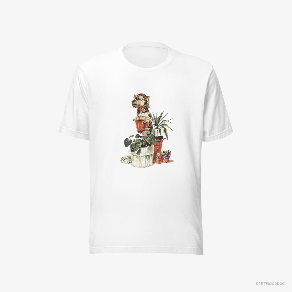 Yorkshire Terrier T-Shirt – Men White T-Shirt Eco-Friendly – Admiring the Garden (on White Background)