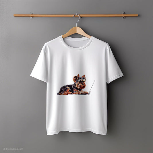 Yorkshire Terrier Typing on a Computer T-Shirt – Unisex Tee for Dog Lovers