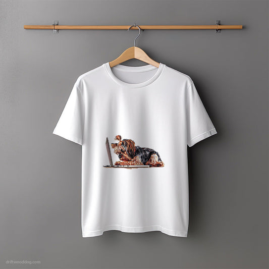 Yorkshire Terrier Fixing Bugs on a Laptop T-Shirt – Unisex Tee for Dog Lovers