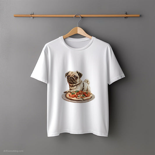 Pug Reaching for a Slice of Pizza T-Shirt – Unisex Tee for Dog Lovers