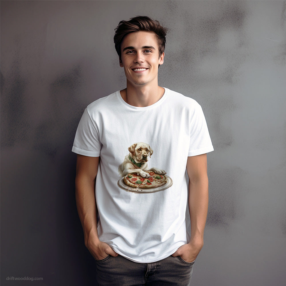 Labrador Retriever Waiting Patiently for Pizza T-Shirt – Dog Graphic Tee for Men