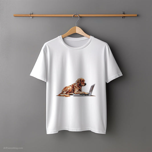 Golden Retriever Browsing on a Laptop T-Shirt – Unisex Tee for Dog Lovers