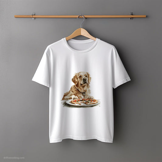 Golden Retriever Sitting Next to Pizza T-Shirt – Unisex Tee for Dog Lovers