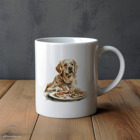 Golden Retriever Sitting Next to Pizza Mug – Unique Dog Cups | Dog-Themed Mugs