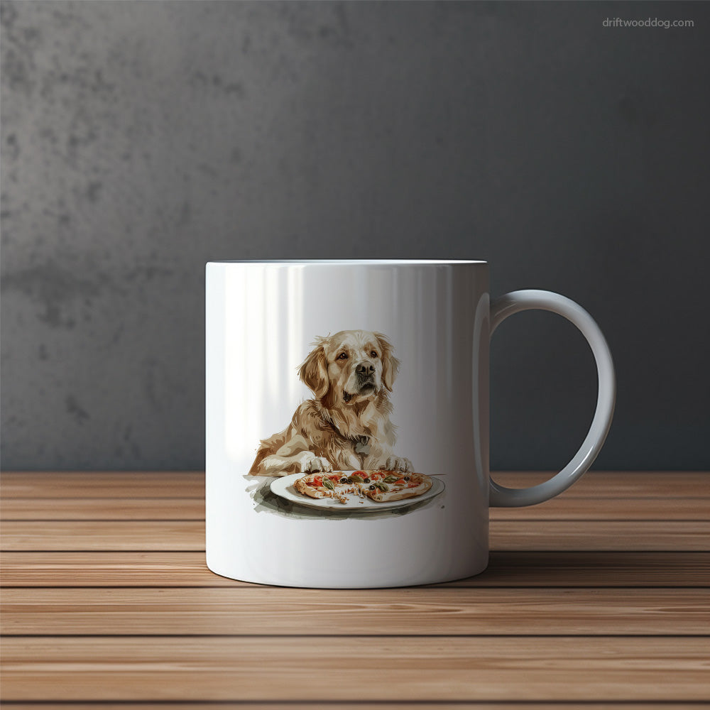 Golden Retriever Sitting Next to Pizza Mug – Funny Dog Coffee Mugs | Quirky Canine Drinkware