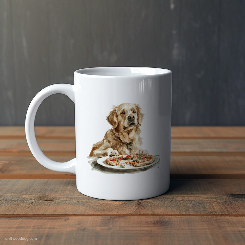 Golden Retriever Sitting Next to Pizza Mug – Cute Dog-Themed Mugs | Perfect Gifts for Dog Lovers