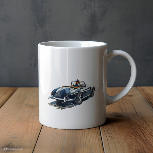 Dobermann Driving a Vintage Sports Car Mug – Unique Dog Cups | Dog-Themed Mugs