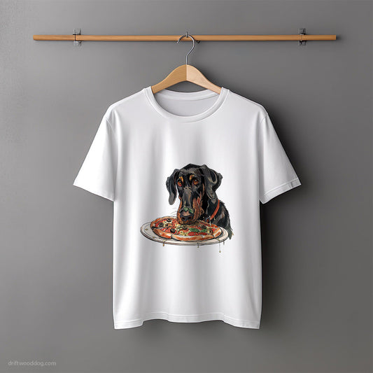 Dobermann Staring at a Pizza T-Shirt – Unisex Tee for Dog Lovers