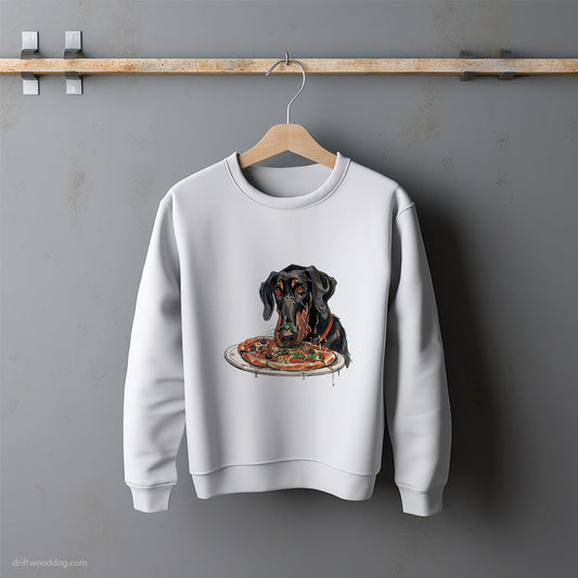 Dobermann Staring at a Pizza Sweatshirt – Unisex Sweatshirt for Dog Lovers