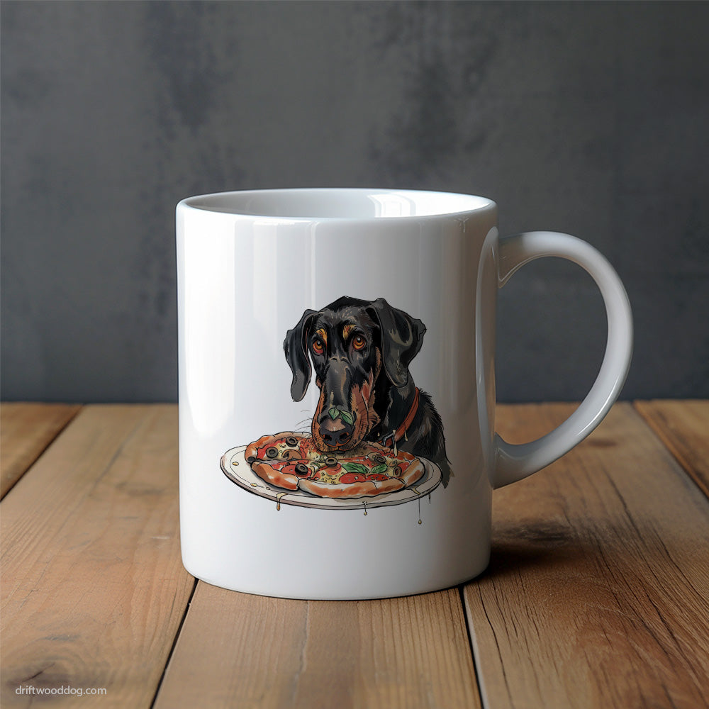 Dobermann Staring at a Pizza Mug – Unique Dog Cups | Dog-Themed Mugs