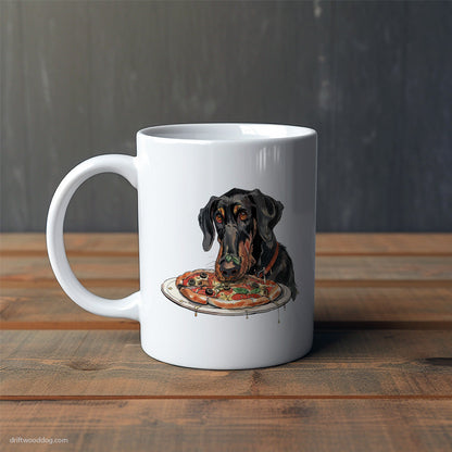 Dobermann Staring at a Pizza Mug – Cute Dog-Themed Mugs | Perfect Gifts for Dog Lovers