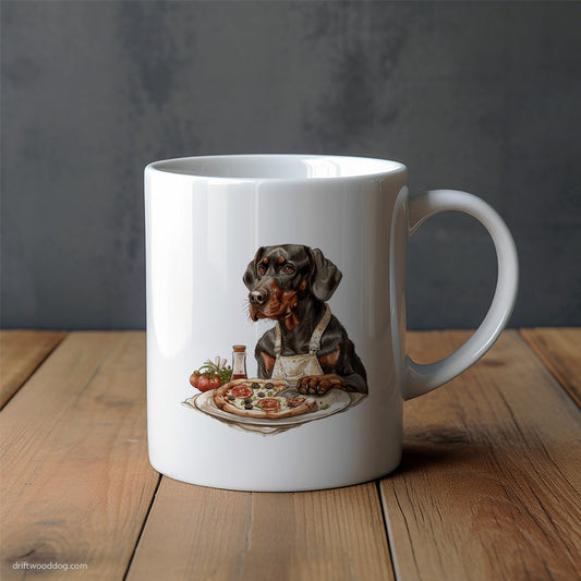 Dobermann Preparing Toppings for Pizza Mug – Unique Dog Cups | Dog-Themed Mugs