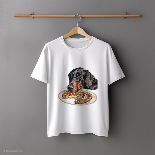 Dobermann Looking at a Pizza with Hunger T-Shirt – Unisex Tee for Dog Lovers