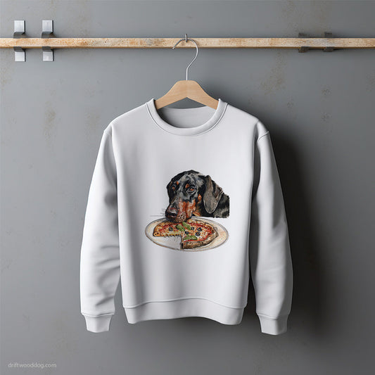 Dobermann Looking at a Pizza with Hunger Sweatshirt – Unisex Sweatshirt for Dog Lovers