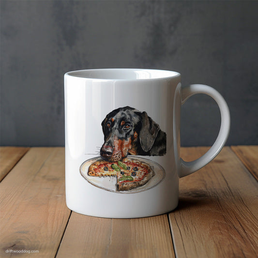 Dobermann Looking at a Pizza with Hunger Mug – Unique Dog Cups | Dog-Themed Mugs