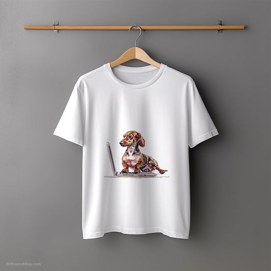 Dachshund Working on a Computer T-Shirt – Unisex Tee for Dog Lovers