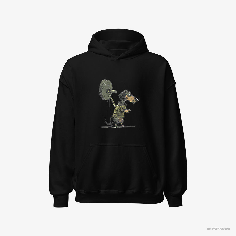 Dachshund Hoodie – Men Black Hoodie Classic – Powerlifting at the Gym (on White Background)