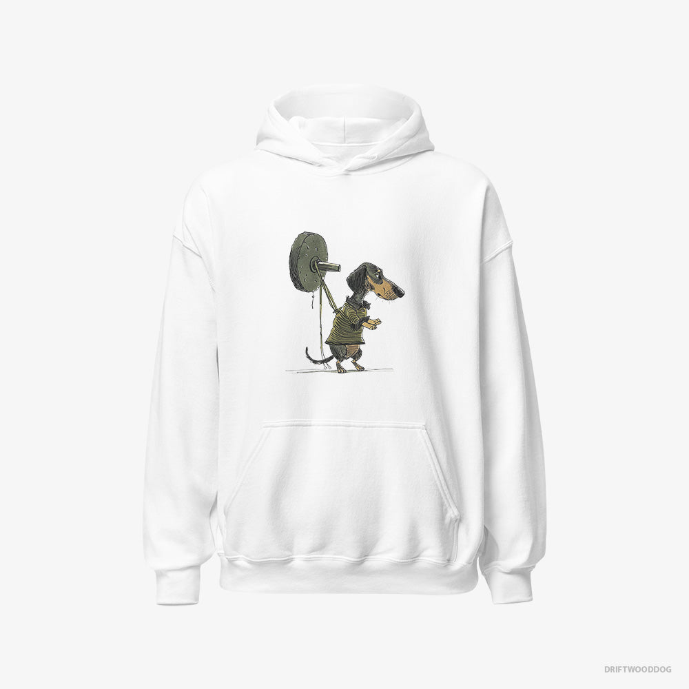 Dachshund Hoodie – Women White Hoodie Classic – Powerlifting at the Gym (on White Background)