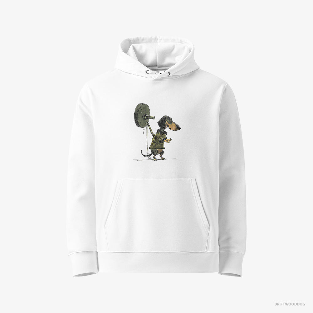 Dachshund Hoodie – Men White Hoodie Eco-Friendly – Powerlifting at the Gym (on White Background)