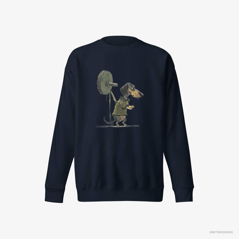 Dachshund Sweatshirt – Men Navy Sweatshirt Eco-Friendly – Powerlifting at the Gym (on White Background)