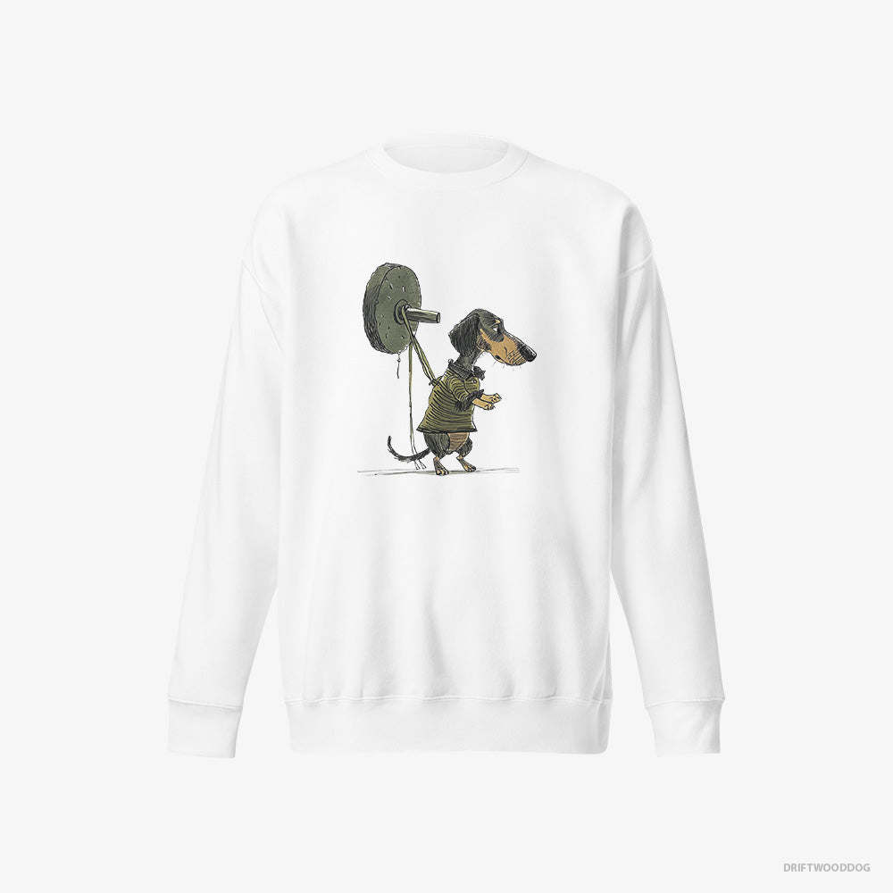 Dachshund Sweatshirt – Men White Sweatshirt Eco-Friendly – Powerlifting at the Gym (on White Background)