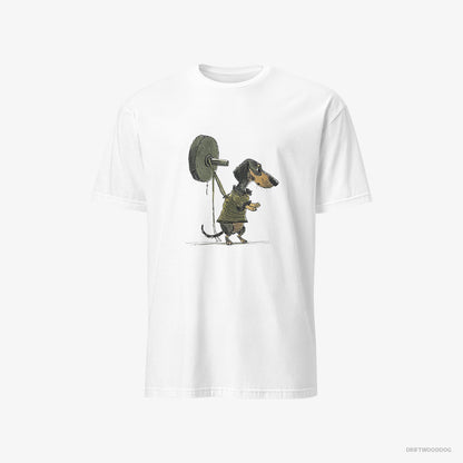 Dachshund T-Shirt – Men White T-Shirt Classic – Powerlifting at the Gym (on White Background)