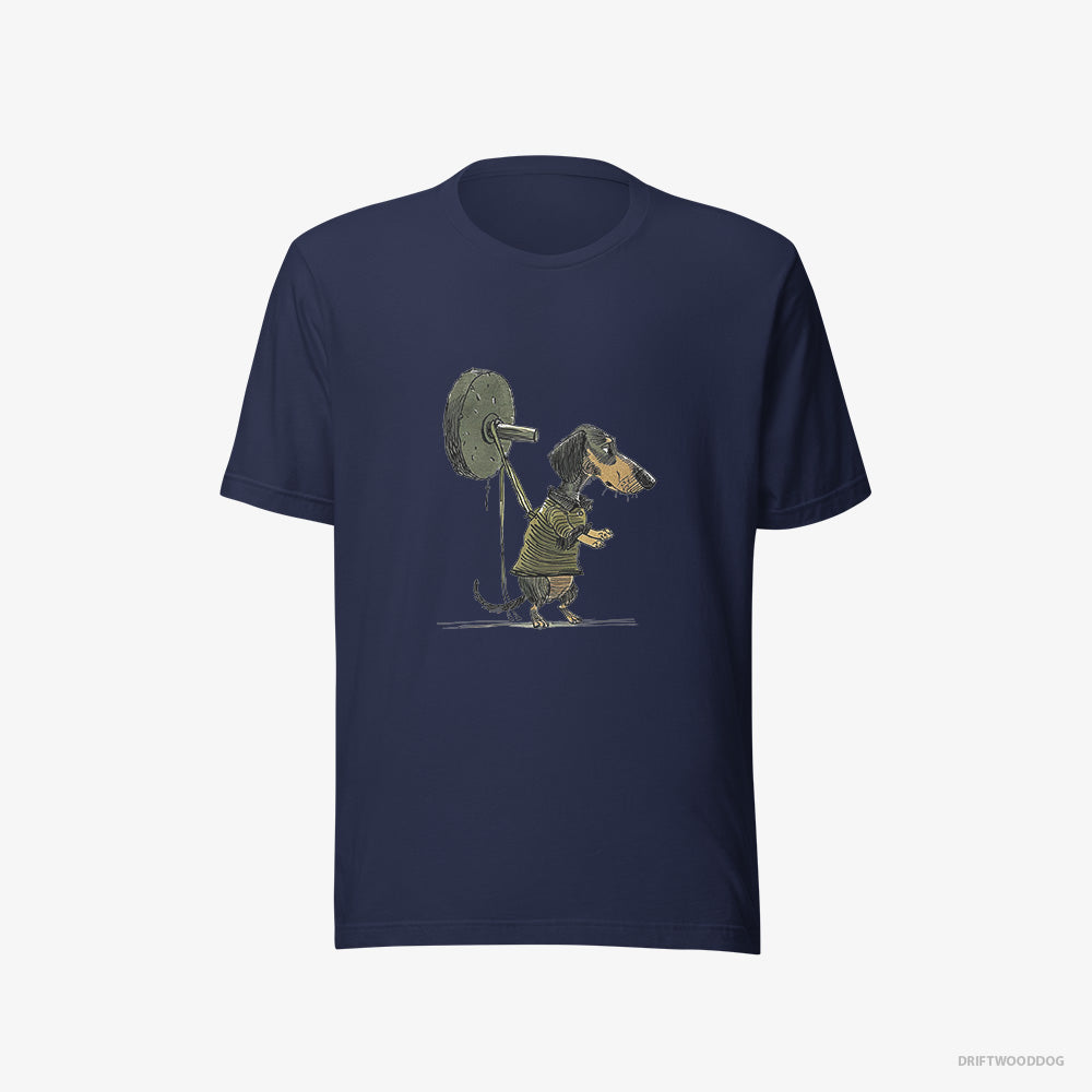 Dachshund T-Shirt – Women Navy T-Shirt Eco-Friendly – Powerlifting at the Gym (on White Background)