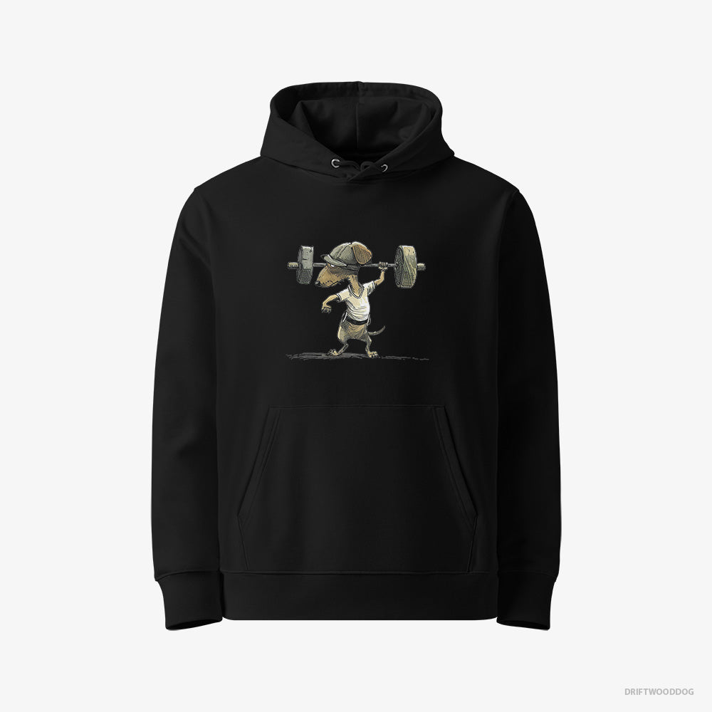 Dachshund Hoodie – Women Black Hoodie Eco-Friendly – Deadlifting in a Gym (on White Background)