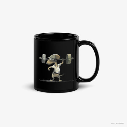 Dachshund Mug – Unisex Black Mug Classic – Deadlifting in a Gym (on White Background)